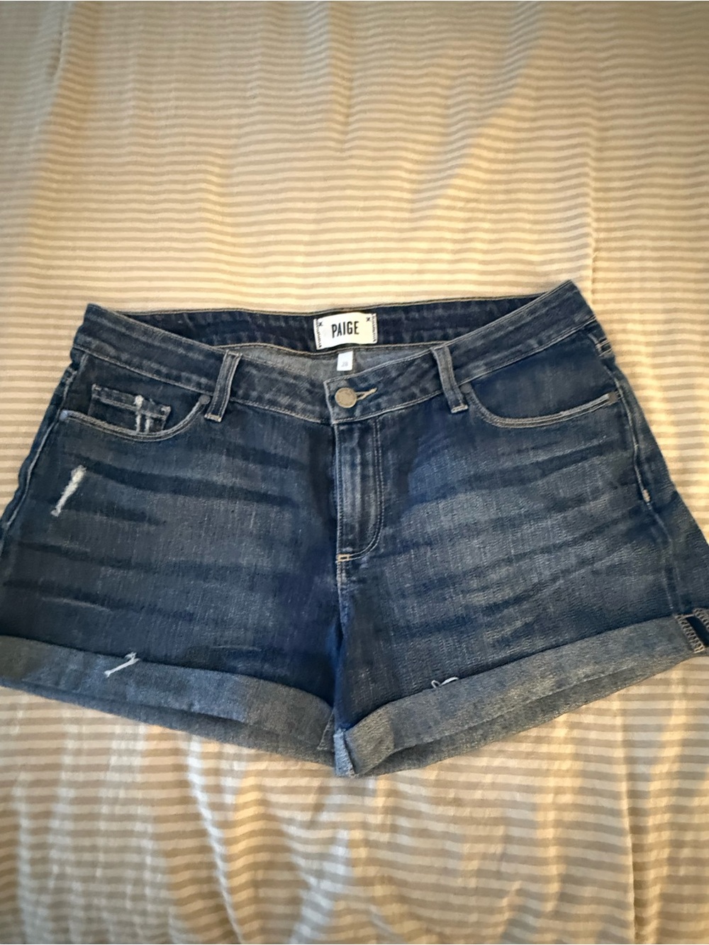 PAIGE Dark Indigo Rolled Hem Denim Shorts
